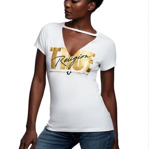 True Religion White Short Sleeve Tee with Gold Logo and Notch